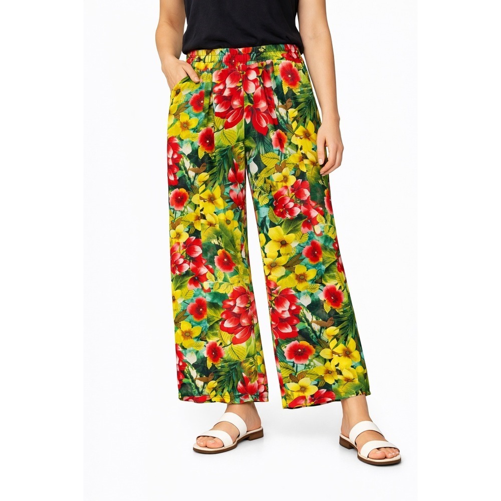 Iris Floral Wide Leg Palazzo Pants Size M High Rise Elastic Waistโ
